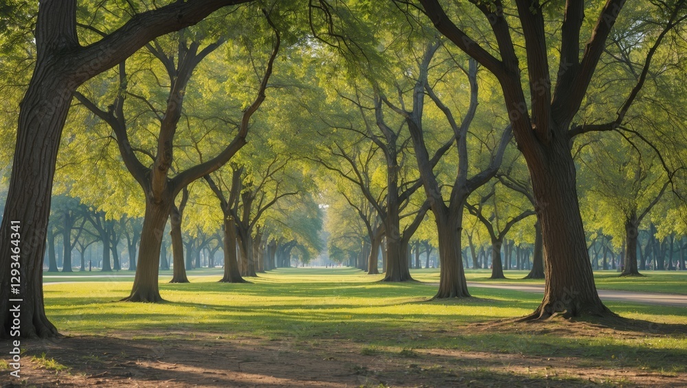 Fototapeta premium Lush Green Trees Lining a Peaceful Park Pathway with Open Space for Text and Visual Elements