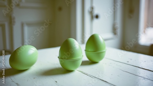 Three bright green Easter eggs elegantly displayed on a rustic white table capturing a festive and playful atmosphere in soft natural light.