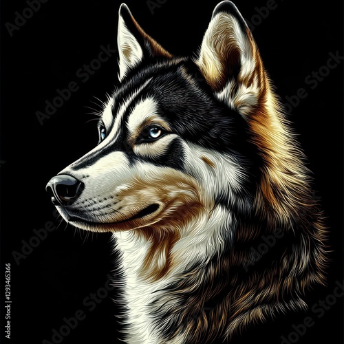 Captivating Portrait of a Majestic Wolf Like Creature with Blue Eyes and Detailed Fur on a Dark Backdrop