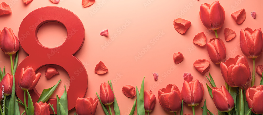 Obraz premium Vibrant red tulips, petals, 8 march, large number eight, pink background, celebrating women's day, festive card, spring flowers, elegant greeting, beauty, March eighth
