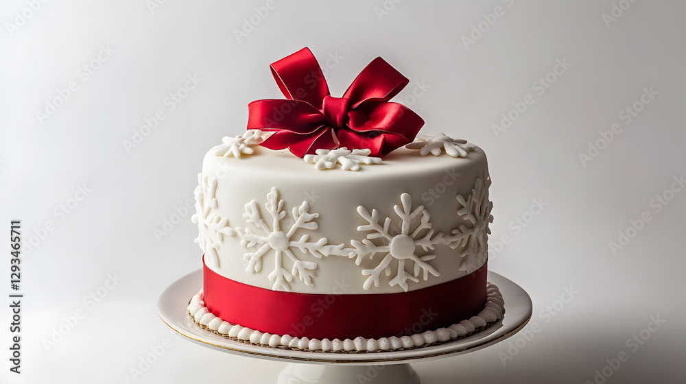 festive Christmas cake adorned with intricate snowflake decorations and vibrant red ribbon, perfect for holiday celebrations festive Christmas cake adorned with intricate snowflake decorations and vibrant red ribbon, perfect for holiday celebrations