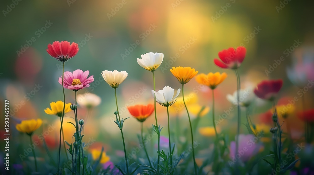 Naklejka premium Colorful cosmos flowers bloom in garden sunset