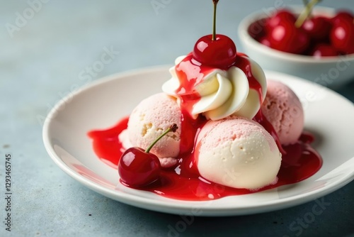 Sweet and sour cherry ice cream toppings on a plate, ice cream, sweet, mix