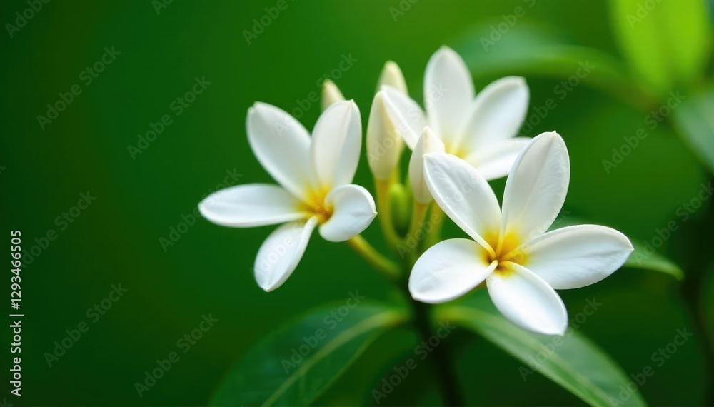 Fototapeta premium White blooms of Dendrophylax lindenii against a green background, flowers, tropical tree, dendrophylax