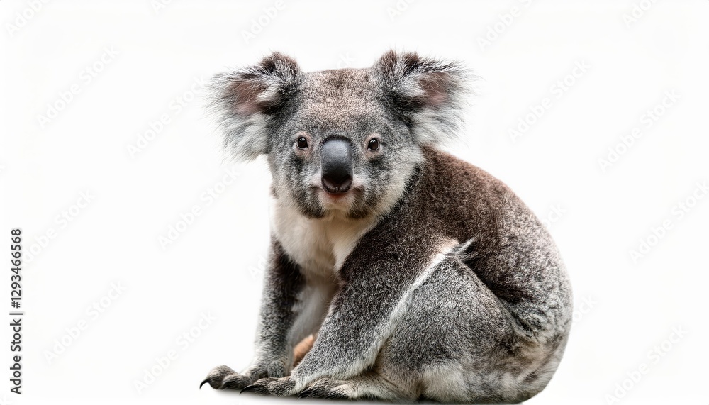 Naklejka premium Adorable Koala Sitting Peacefully on White Background Cute and Fluffy, a Perfect Addition to Digital Art, Home Decor, or Design Inspiration