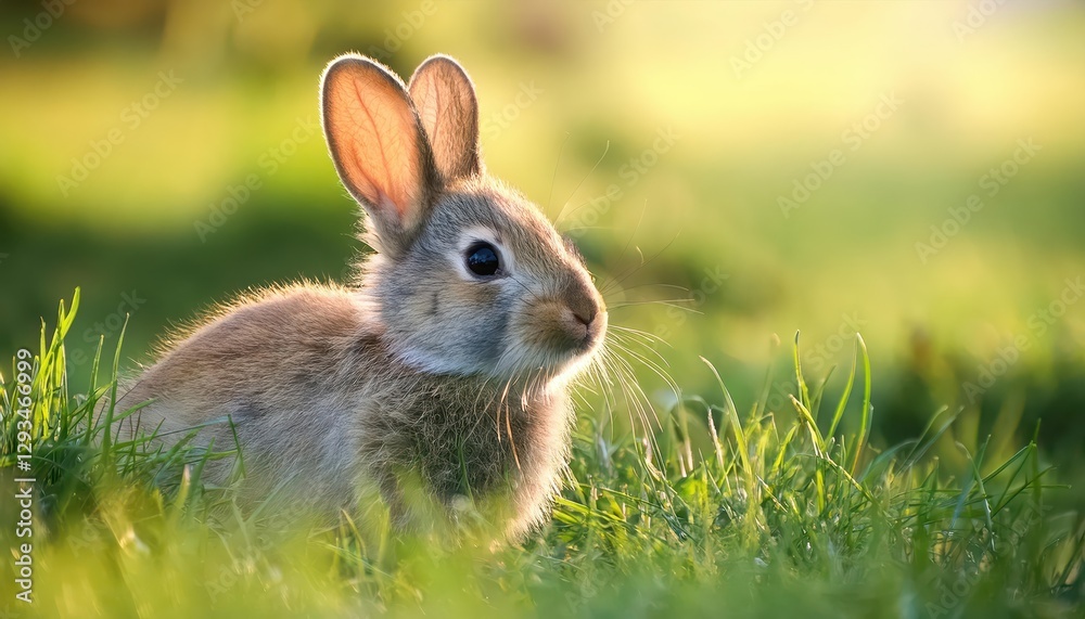 Fototapeta premium Adorable Little Bunny Amidst Lush Grass Field, Ears Perked Up in Curiosity and Playfulness as Twilight Approaches, Embracing a Whimsical Mood.