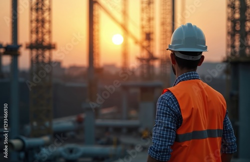 Construction site worker silhouette looks at sunset. Builder oversees buildings at construction area. Engineer in hard hat, safety vest monitors civil engineering project development at dusk.