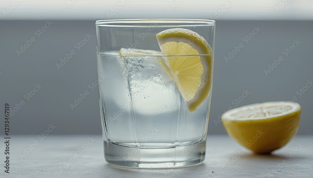 Against a hazy background of gentle natural light, a close-up of a glass of water with a slice of lemon on the rim
Against a hazy background of gentle natural light, a close-up of a glass of water with a slice of lemon on the rim