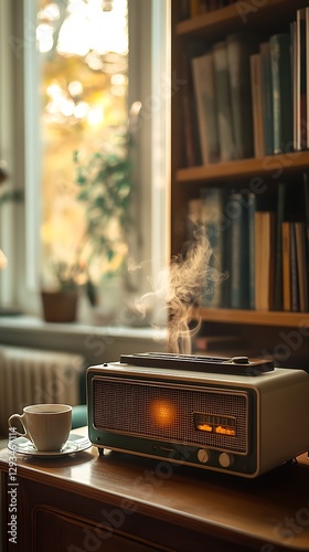 Cozy autumn radio, steam, books