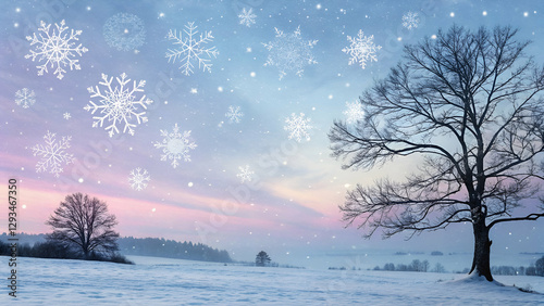 A beautiful pastel winter background with delicate falling snowflakes, creating a