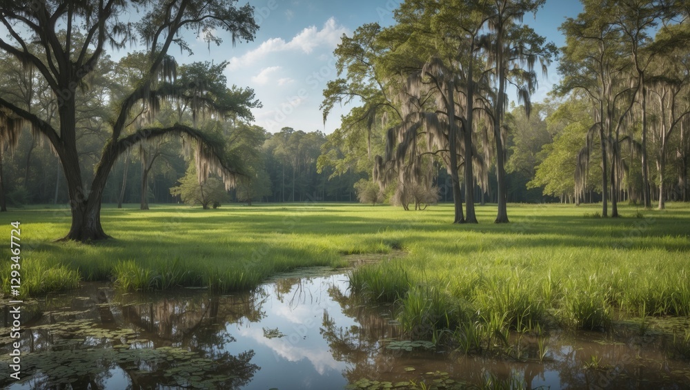 Lush Green Swamp Landscape with Reflections and Trees in a Scenic Park Setting Lush Green Swamp Landscape with Reflections and Trees in a Scenic Park Setting