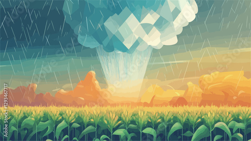 The image is a stylized digital illustration depicting an abstract landscape. The dominant feature is a large, geometric, low-poly cloud formation in shades of blue and white, appearing as a storm