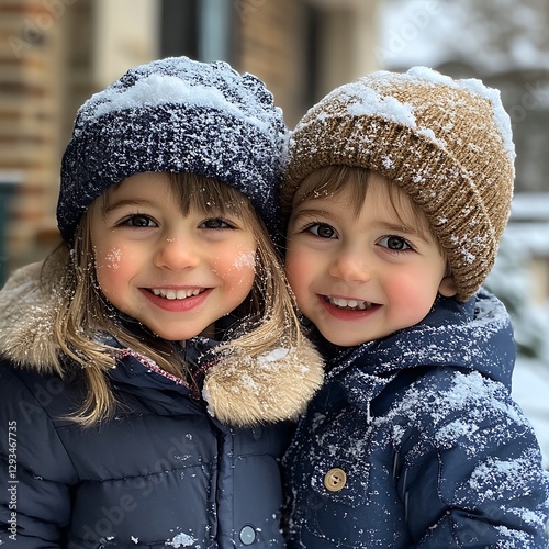 Snow-Covered Twins Smiling Outdoors