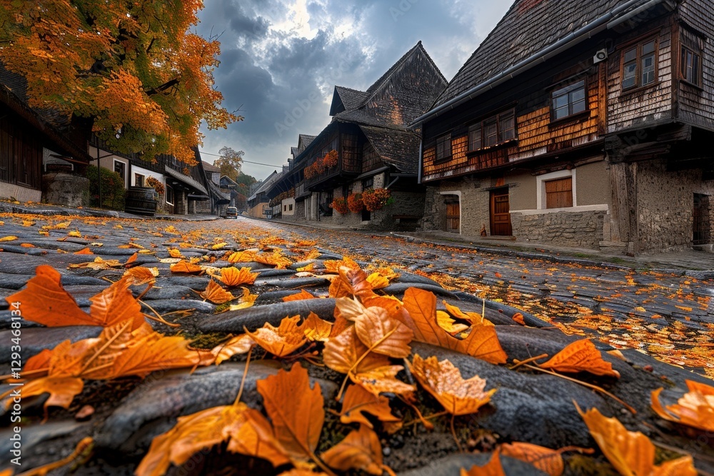A picturesque autumn scene featuring cobblestone streets lined with quaint houses and vibrant orange leaves scattered across the ground. A picturesque autumn scene featuring cobblestone streets lined with quaint houses and vibrant orange leaves scattered across the ground.