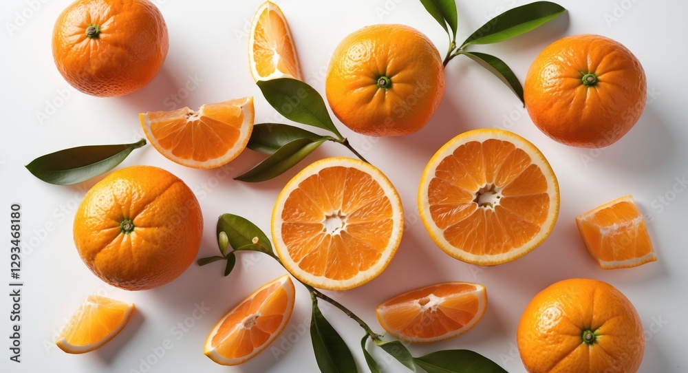Fresh Tangerines and Orange Slices with Green Leaves on White Background for Food and Beverage Concepts Fresh Tangerines and Orange Slices with Green Leaves on White Background for Food and Beverage Concepts