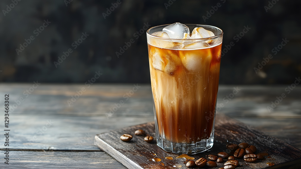 refreshing iced coffee with condensation on glass sits on wooden table, surrounded by coffee beans, creating cool and inviting atmosphere refreshing iced coffee with condensation on glass sits on wooden table, surrounded by coffee beans, creating cool and inviting atmosphere