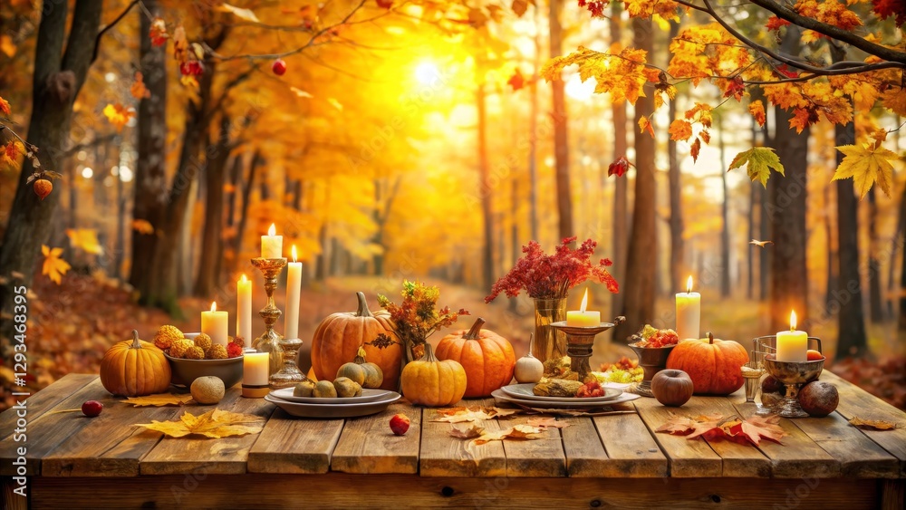 Obraz premium Autumn Celebration with Pumpkins and Candles in Vibrant Forest