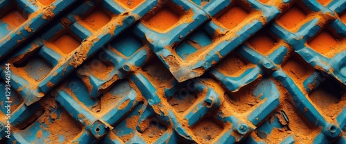 Worn rusty metal texture featuring a detailed diamond pattern with vibrant orange and blue hues showcasing industrial wear and age.