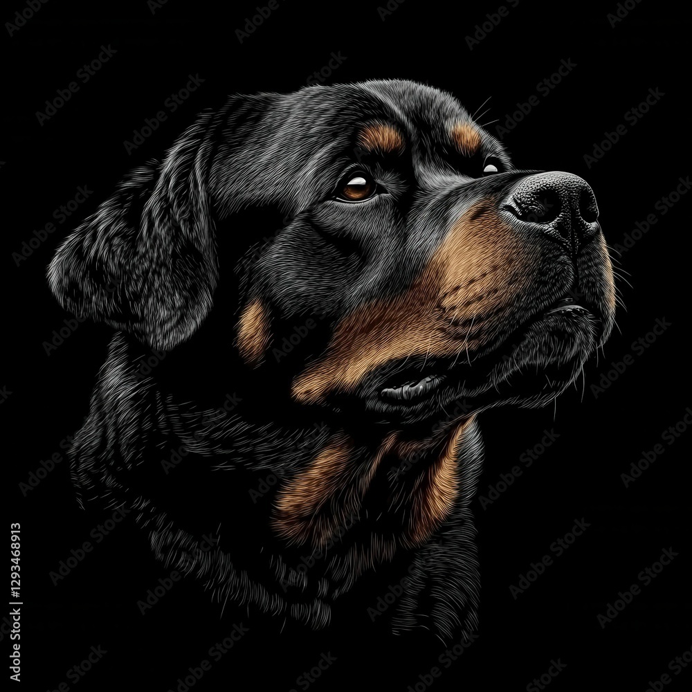 Fototapeta premium Noble Rottweiler Portrait Black Background Artistic Render Capturing Canine Breed Elegance and Charisma