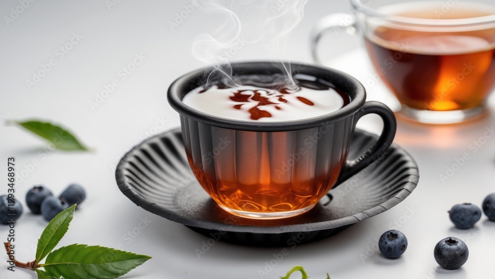 Black paper cup with steaming tea on saucer surrounded by blueberries and green leaves on white background.