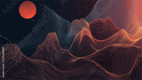 The image is a digital illustration depicting an abstract landscape. The landscape is composed of swirling lines and curves, creating a sense of depth and movement. The colors are predominantly