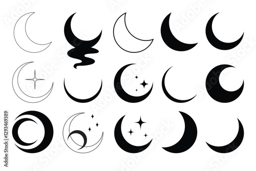 Moon, stars, moon phases, crystals, magic symbols. Vector set in oriental style. Line hand drawn illustration. Moon icons, moon design. Muslim arabian symbol. Shapes for design. Vector lunar set, sun