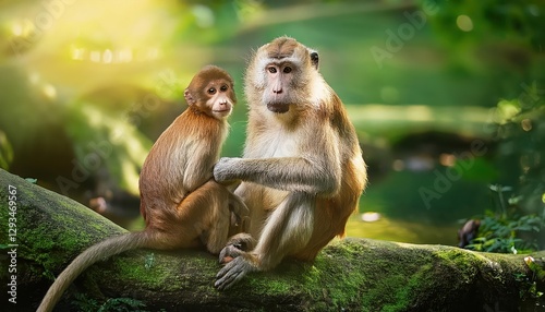 Cute Monkeys Frolicking in a Lush Tropical Rainforest at Dusk, Showcasing Playful Energy and Enchanting Wildlife in their Natural Habitat.