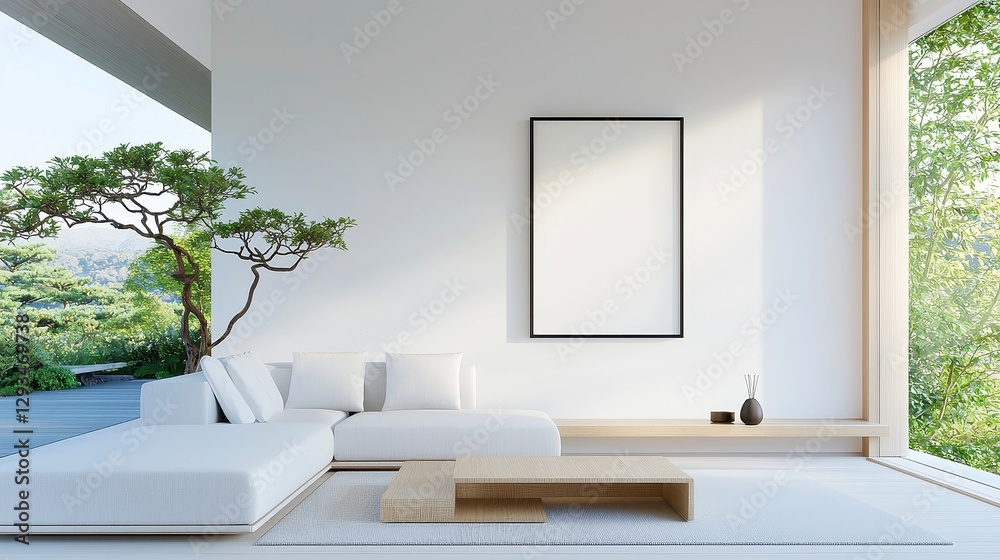 Fototapeta premium Modern Japandi Living Room, a harmonious blend of Scandinavian minimalism and Japanese elegance, featuring clean lines, earthy tones, and a serene atmosphere, promoting tranquility and comfort.