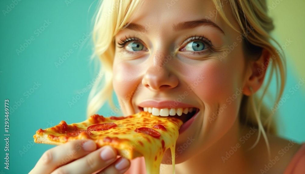 Pepperoni pizza and a beautiful girl eating it, close-up Pepperoni pizza and a beautiful girl eating it, close-up