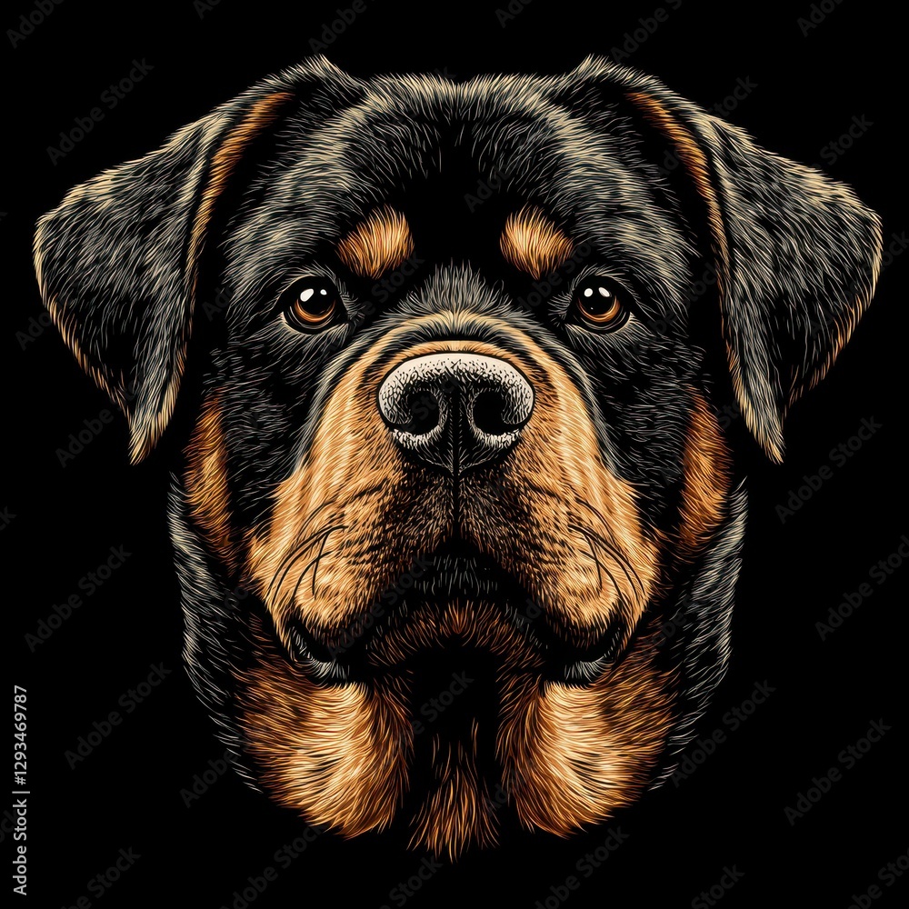Fototapeta premium Rottweiler Portrait Illustration Vector Art Breed Detail Canine Friend Loyalty Pet Animal Companion Headshot