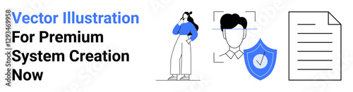 Woman pondering beside biometric profile, shield with checkmark, and document outline. Ideal for cybersecurity, data privacy, identity verification, tech innovation, digital transformation