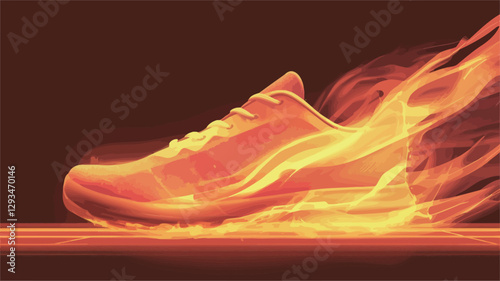A digital illustration of a running shoe engulfed in orange and yellow flames. The shoe is depicted in profile view, with the flames trailing behind it, suggesting rapid movement.  The background
