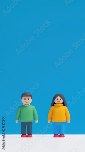 3D Couple Standing in Front of Blue Background. Possible use stock photography for relationships, family, or social media content photo