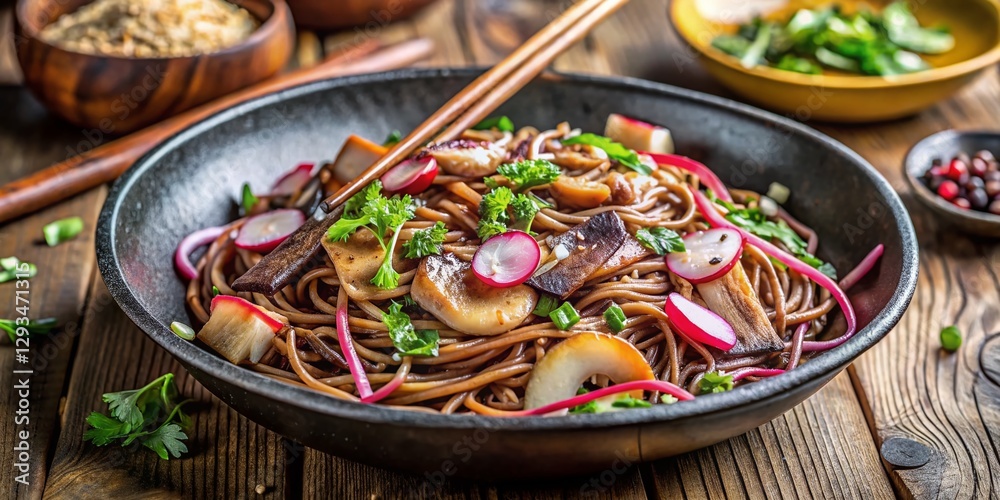 Wok-Fried Shiitake Mushrooms & Soba Noodles with Radish & Nori - High-Resolution Stock Photo Wok-Fried Shiitake Mushrooms & Soba Noodles with Radish & Nori - High-Resolution Stock Photo