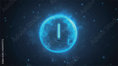 The image depicts a glowing blue sphere in a dark background. The sphere emits a bright light, with particles or energy radiating outwards.  A bright cyan vertical line is centrally positioned