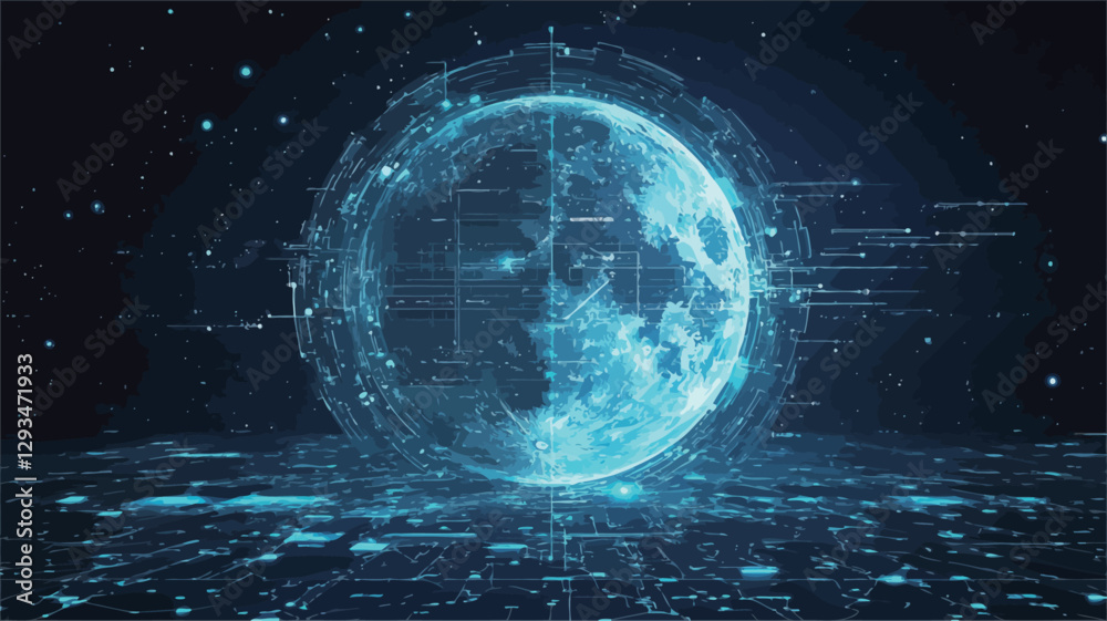 Fototapeta premium A digital rendering of a translucent blue globe is presented against a dark background. The globe is surrounded by glowing lines and data streams, suggesting a network connection. The ground