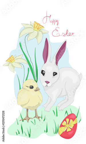 Watercolor greeting card, website banner or poster with cute  bunny, little chick and spring flowers in pastel colors on light background. Isolated Easter watercolor decor elements
