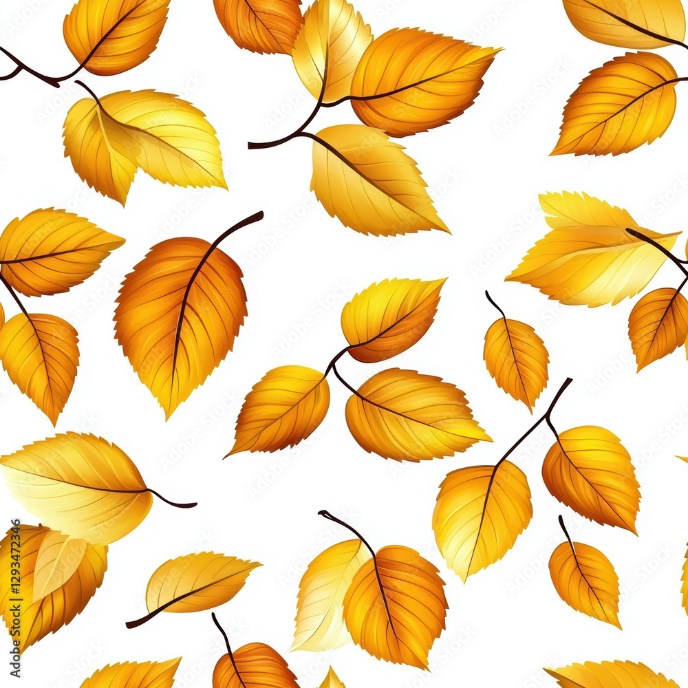 Obraz premium Vibrant Autumn Leaves Seamless pattern in Warm Yellow and Golden Tones on a Clean White Background for Seasonal Aesthetic