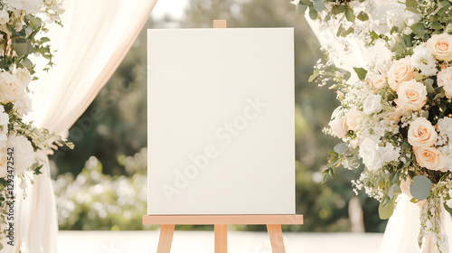 A wedding welcome sign mockup featuring an empty 36 x 24-inch canvas, styled on a handcrafted wooden easel. The natural surroundings of an elegant outdoor ceremony include neutral-toned floral