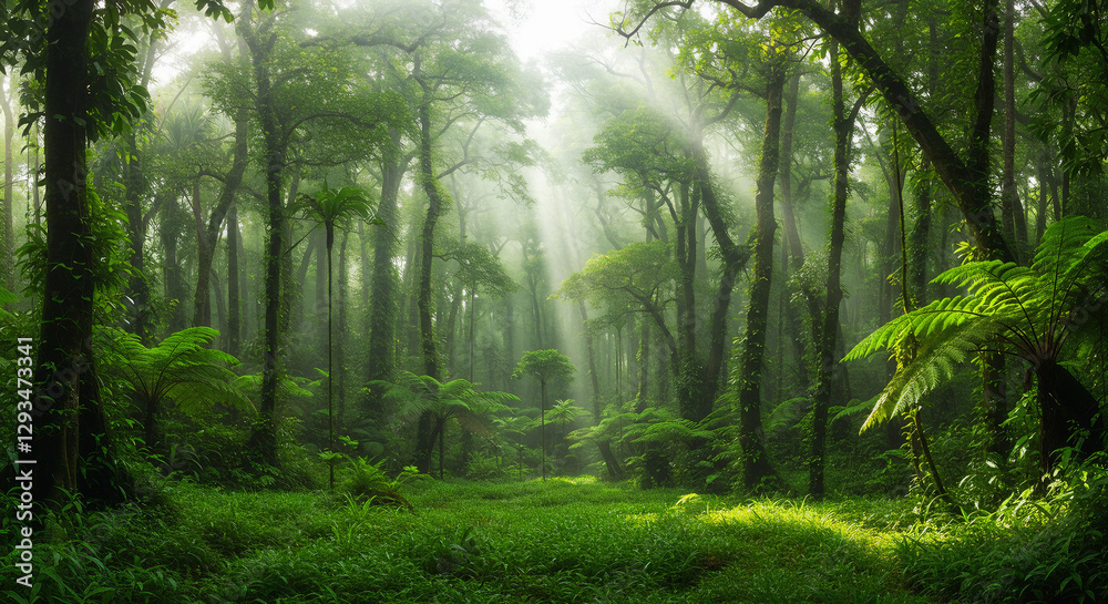 Naklejka premium Mystical Sunlit Rainforest – A Breathtaking View of Towering Trees and Golden Sun Rays Filtering Through the Lush Canopy, Creating a Dreamlike and Serene Atmosphere in a Dense, Vibrant Jungle