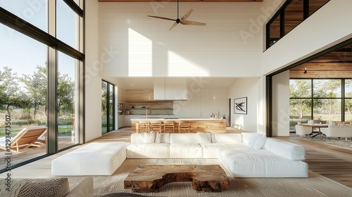 Modern farmhouse living room featuring shiplap walls, vintage decor, open layout, warm tones, inviting atmosphere, blend of rustic charm and contemporary design