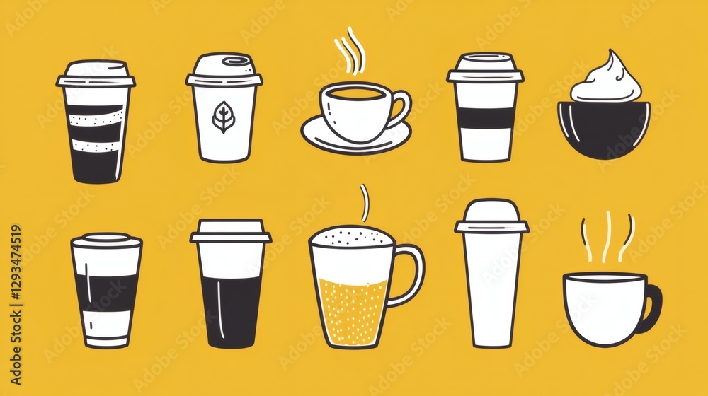 Fototapeta premium Various coffee cups and drinks displayed against a yellow background showcasing different styles and types of beverages