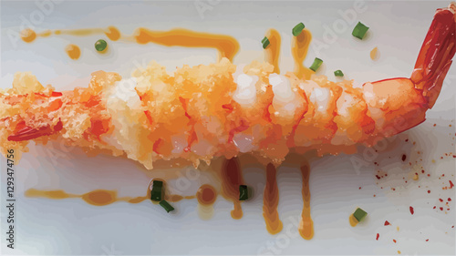High-angle, close-up shot of a single piece of deep-fried shrimp. The shrimp is light orange-pink, with a visibly crispy, golden-brown tempura batter. It's presented on a plain white rectangular