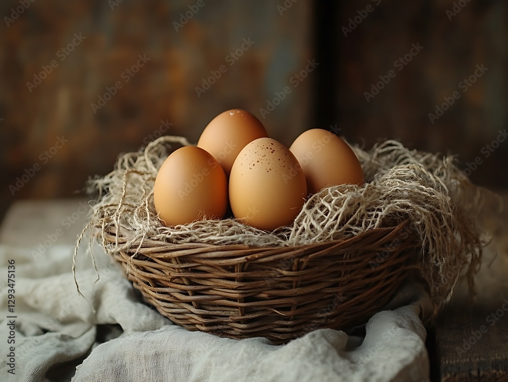 Eggs in basket, rustic background, food Eggs in basket, rustic background, food