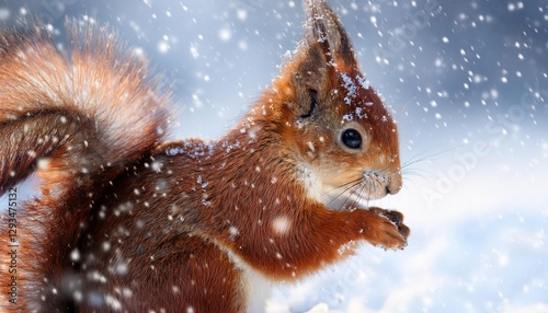 Charming Red Squirrel Frolicking in Snowy Wonderland A Wintery Playground of Reds and Whites, Capturing the Magical Allure of a Forest Abuzz in Frost. If the title is below characters photo