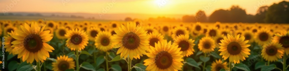 Obraz premium An open field of sunflowers at sunrise with warm light, yellow, agriculture, flora