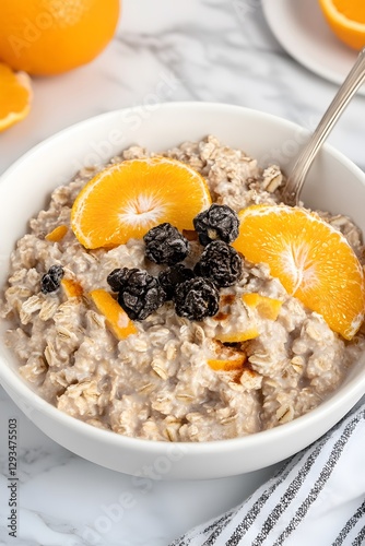 Delicious Creamy Oatmeal with Orange and Berries, Healthy Breakfast Bowl photo