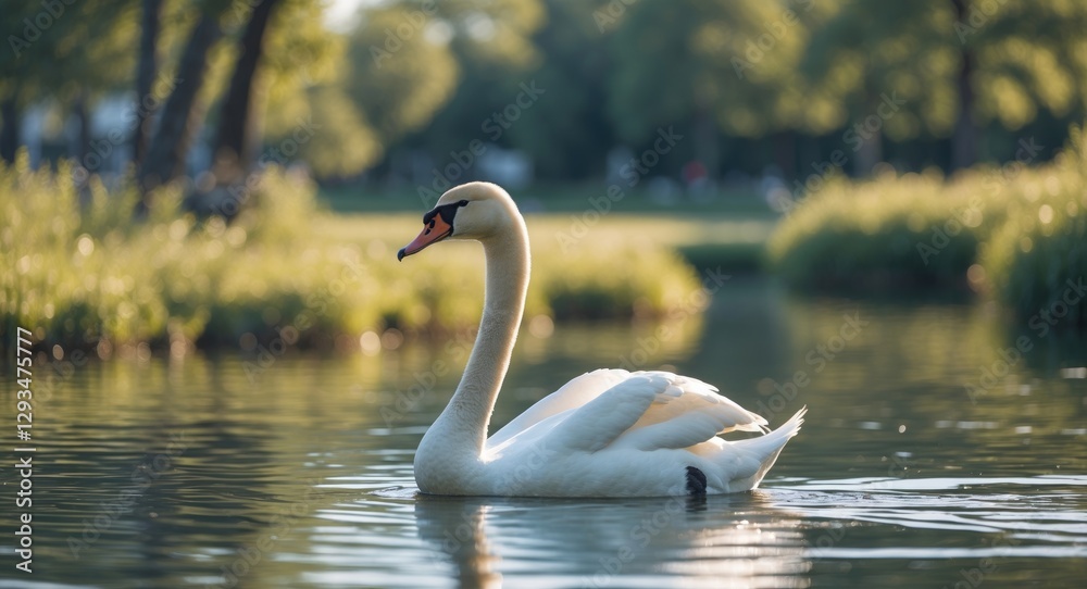 Fototapeta premium Elegant Swan Swimming in Tranquil Summer Lake with Lush Greenery and Room for Text Overlay
