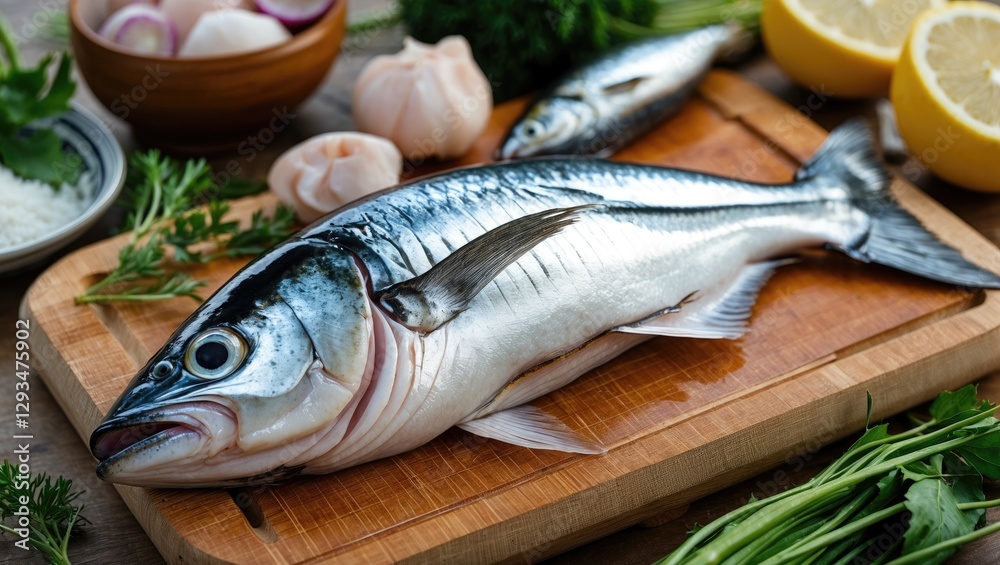 Freshly Caught Mackerel Fish on Wooden Cutting Board Surrounded by Seafood Ingredients and Fresh Herbs for Culinary Preparation Freshly Caught Mackerel Fish on Wooden Cutting Board Surrounded by Seafood Ingredients and Fresh Herbs for Culinary Preparation