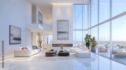 Modern Luxury Penthouse Living Room, spacious design with large windows, elegant statement lighting, high-end finishes, creating an upscale and inviting atmosphere.